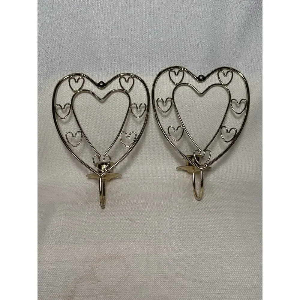 VTG MCM Homco Pair of Brass Plated Open Heart Design Wall Sconces 8” Valentines